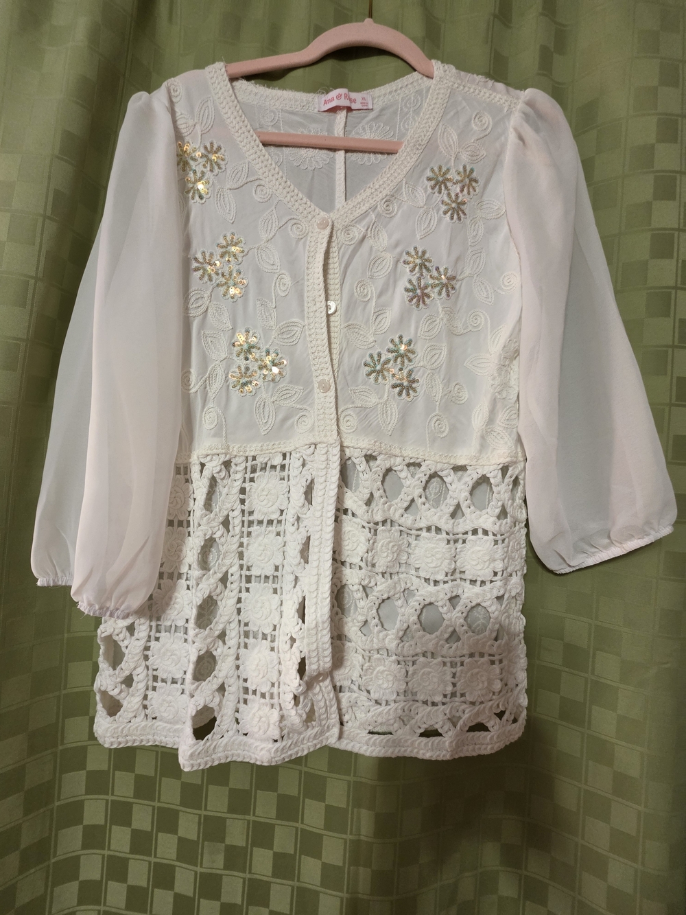 Lace & Sequin Ivory Crochet Blouse. NWOT